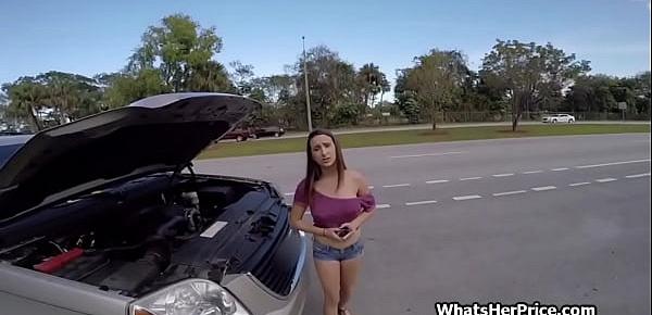  Stranded big tit plays with my cock in traffic